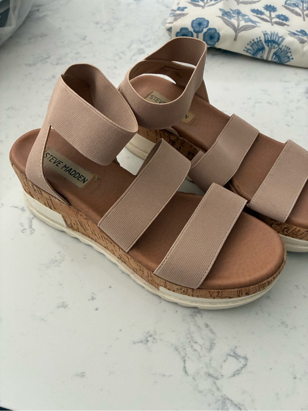 Steve Madden sz6 Eve Women's Nude Elastic Strap Cork Wedge Sandals